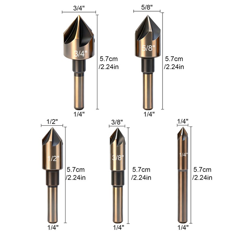 5x HSS Countersink Drill Bits 82° 1/4"-3/4" For Deburring Chamfering Flush Screw gallery