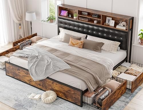 King Size Bed Frame with 4 Storage Drawers King Bed Frame and Headboard Upholste gallery