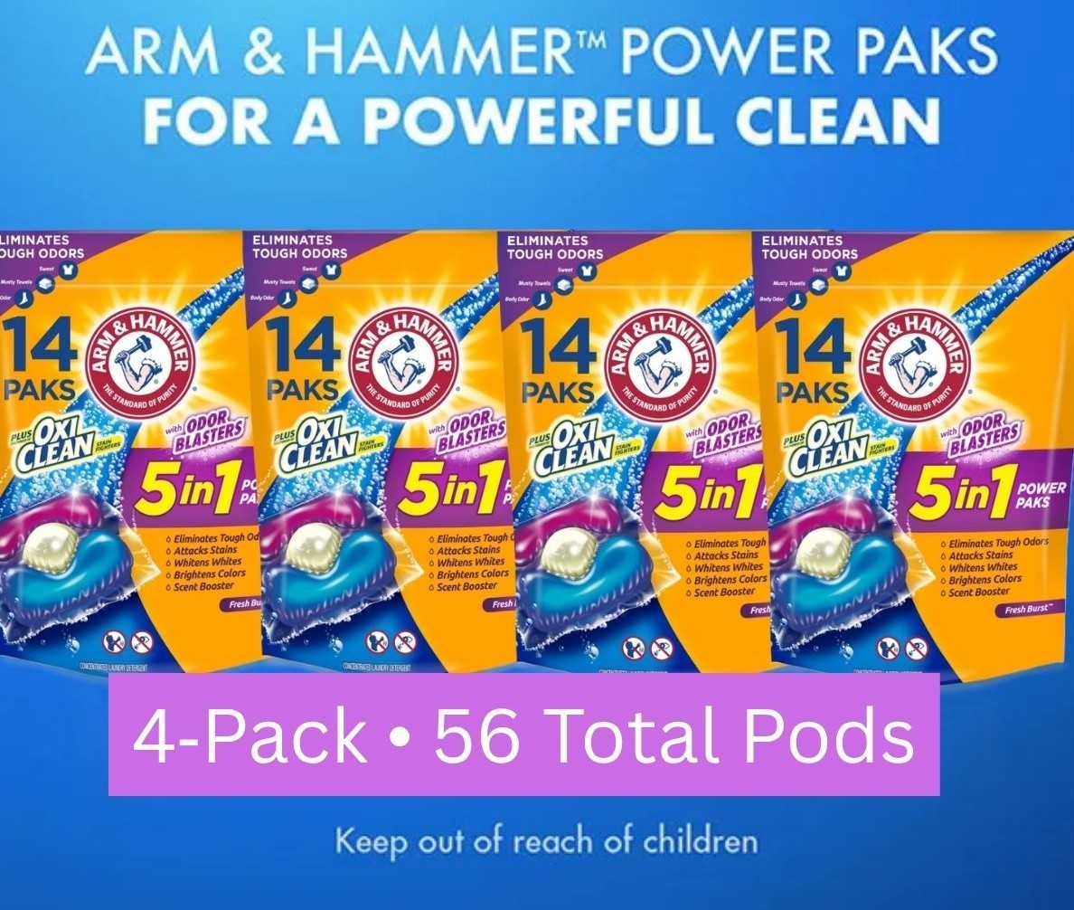 ARM & HAMMER + OxiClean 5‑in‑1 Power Paks Fresh Burst • 4‑Pack (56 Pods) Laundry gallery