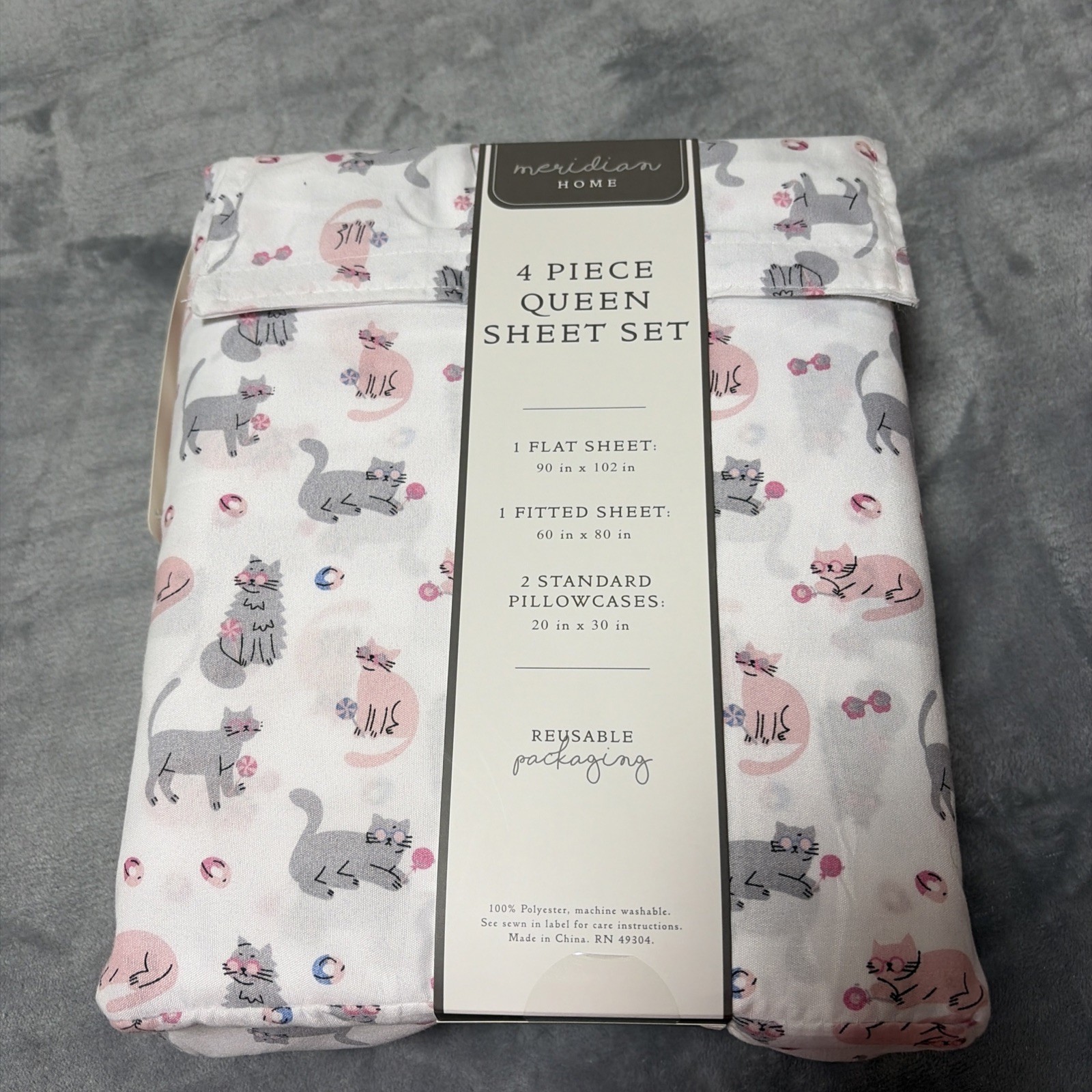 Four Piece White Full Sheet Set,Pink Gray Kitty Cat Print ,New Mandarin Home gallery