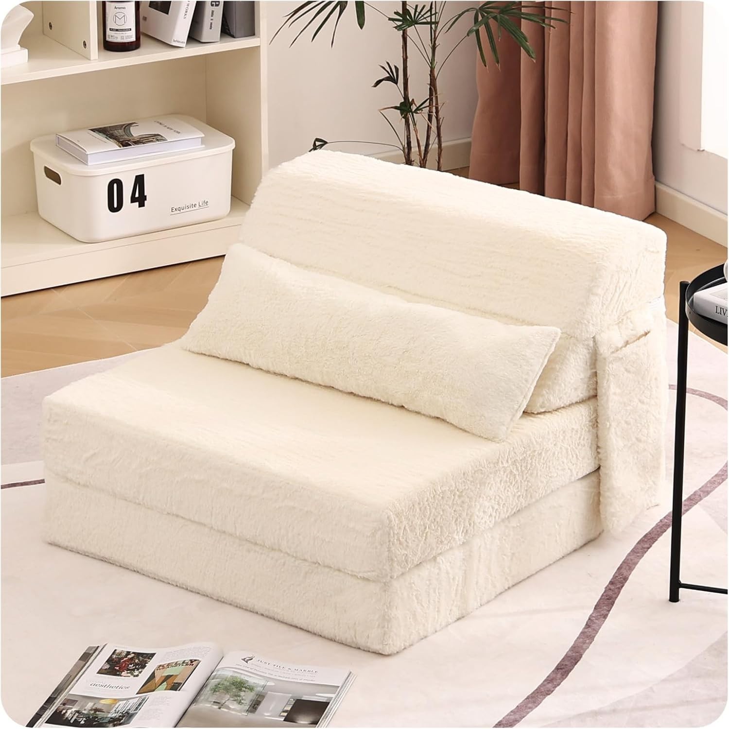 Convertible Folding Sofa Bed Single Size for Adults w/ Pillow Plush Fabric Beige gallery
