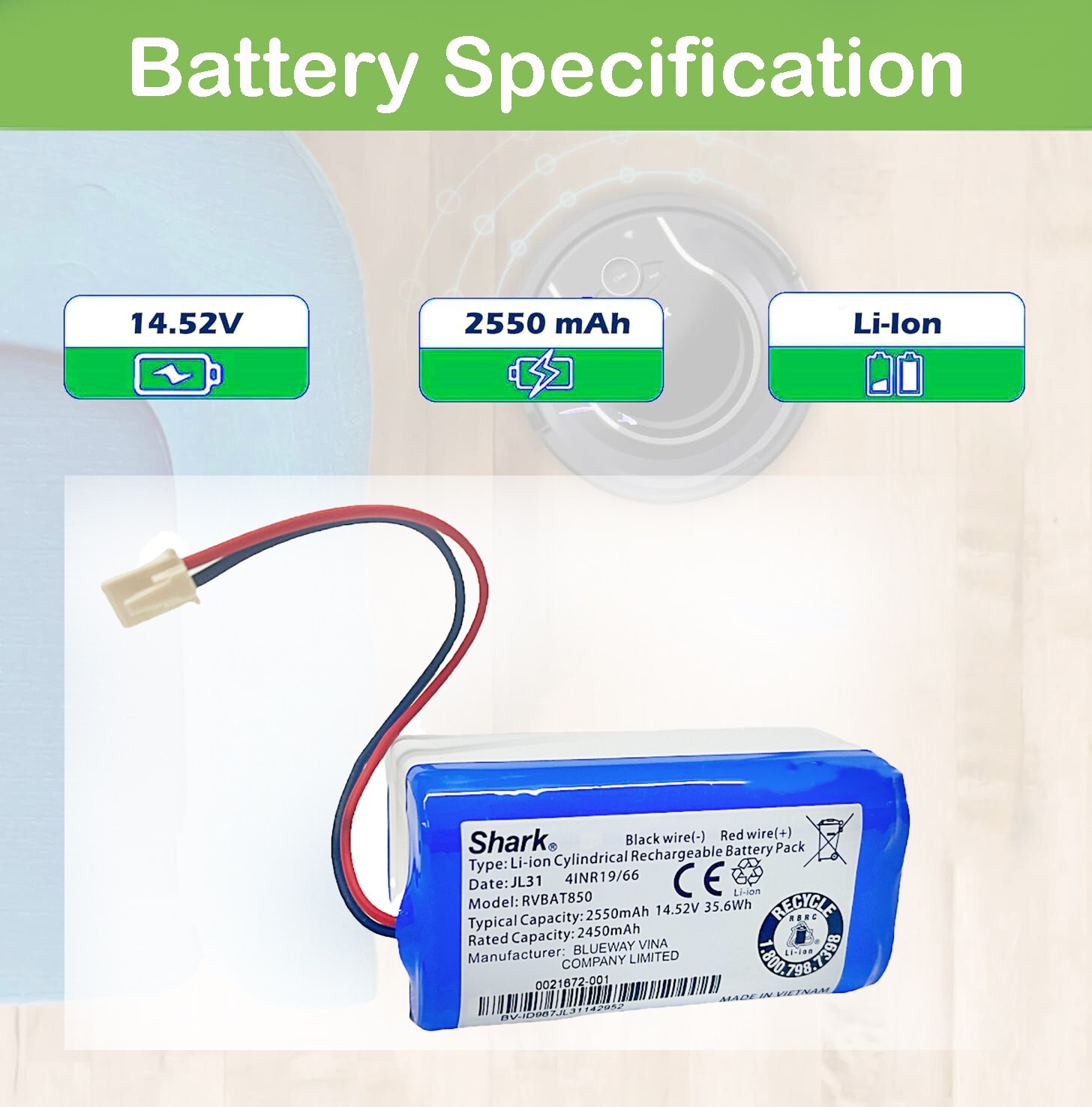 Original Li-ion Battery Replacement for Shark Robot Vacuum Cleaner 2550mAh gallery