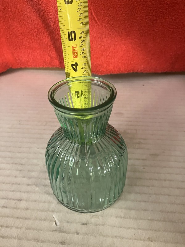 LIGHT TEAL GREEN BOTTLENECK VASE RIBBED WITH CHIFFON RIBBON 4” DWK126 gallery
