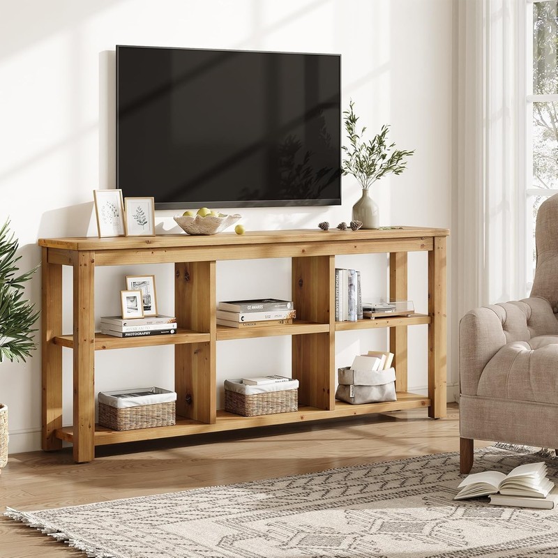 63'' Solid Wood Horizontal Bookcase, Rustic Long Bookshelf with 6 Cubes Storage gallery