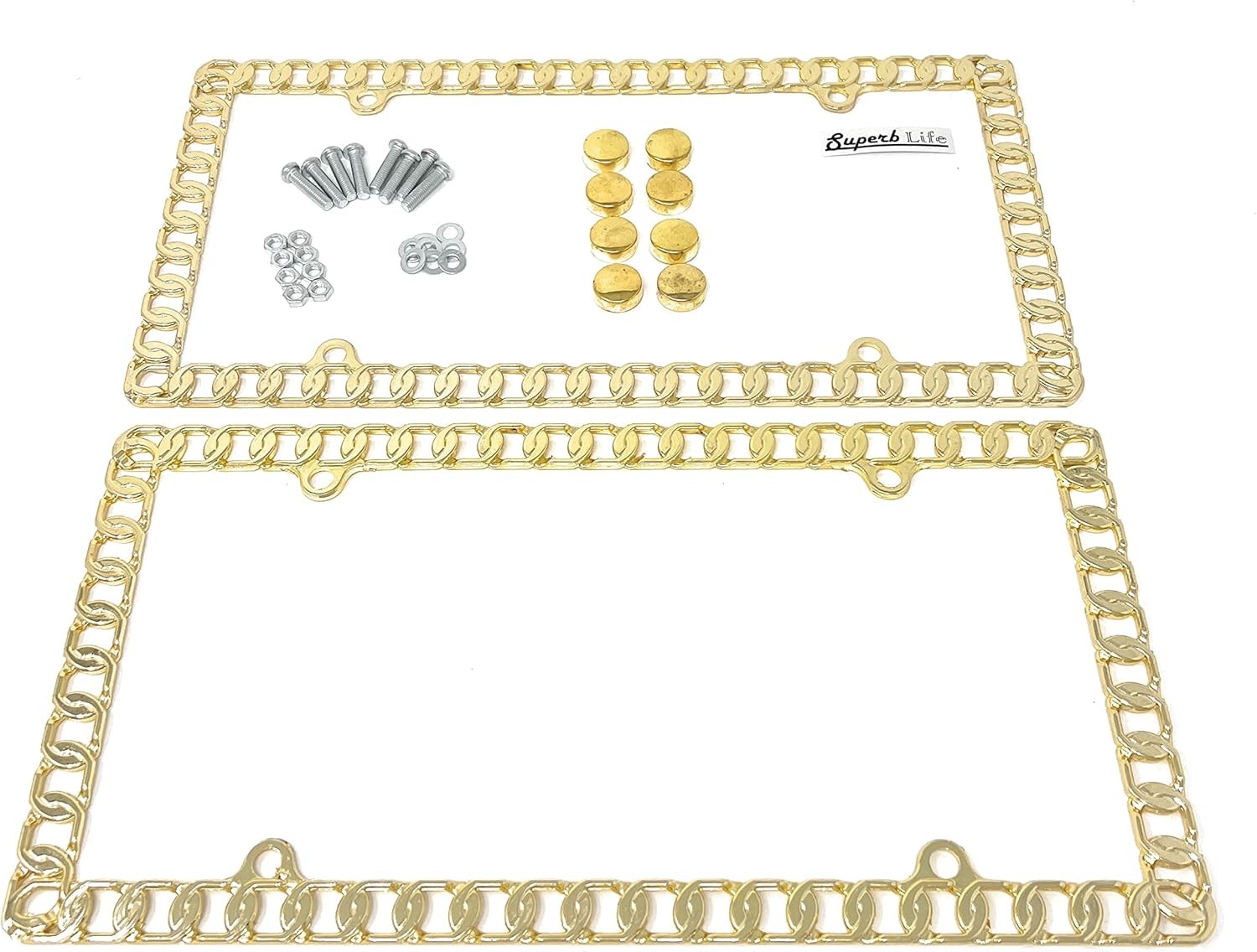 Mega-Metal Round Chain Link Design License Plate Frame with Screws Caps, Set of gallery