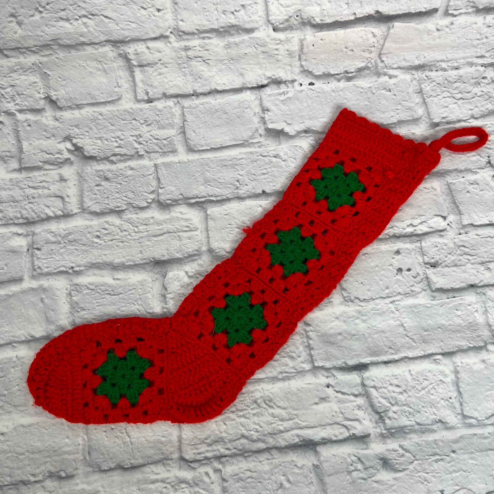 Christmas Stocking Granny Square Handmade Red Green Crochet Knit gallery