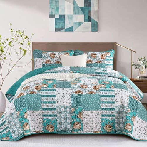 Quilt Set Size Patchwork Floral Bedspread Coverlet, Soft Microfiber Queen Teal gallery