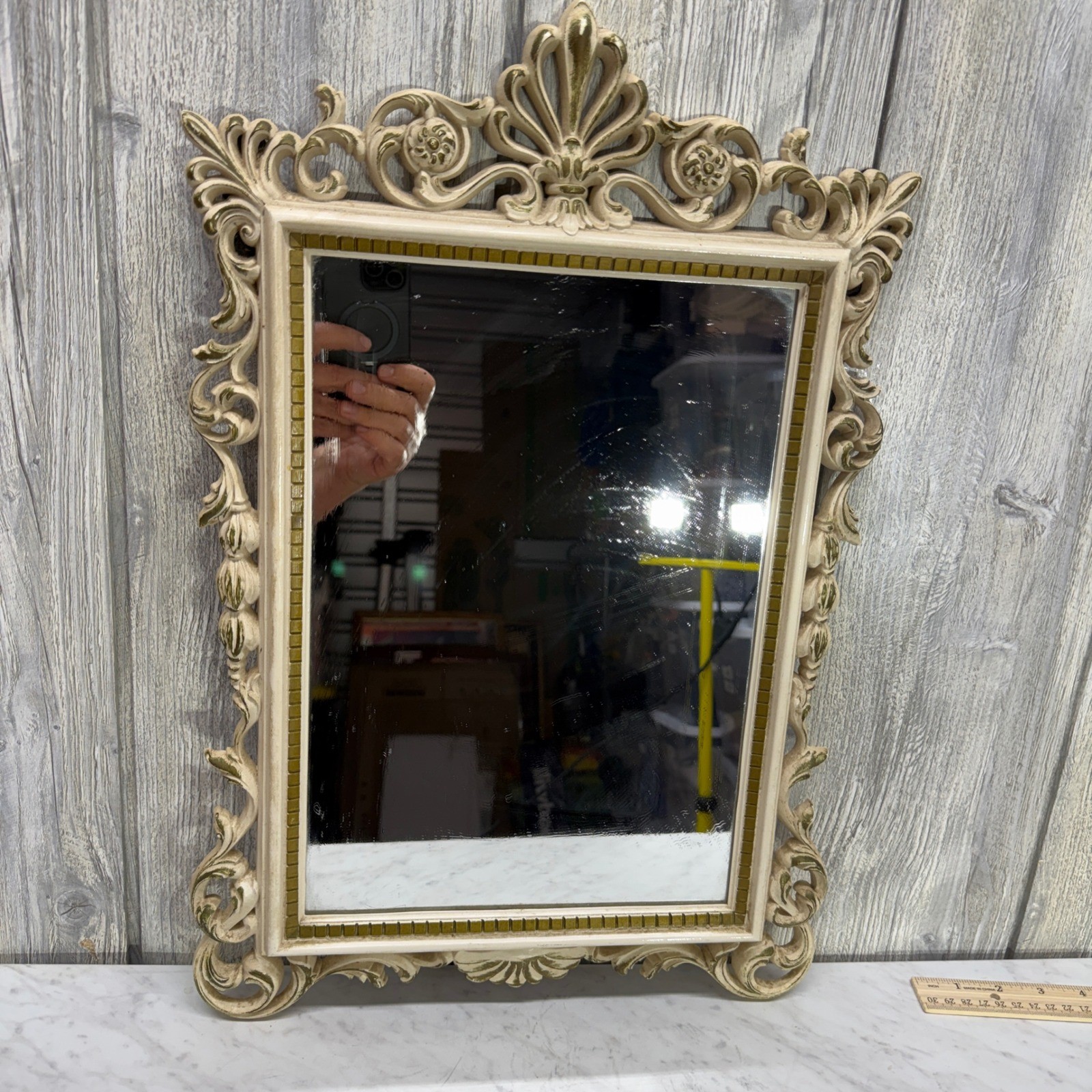 Vintage Rococo Ornate Scroll Vanity Mirror Cream Gold Tabletop Wall Mount 18x14 gallery