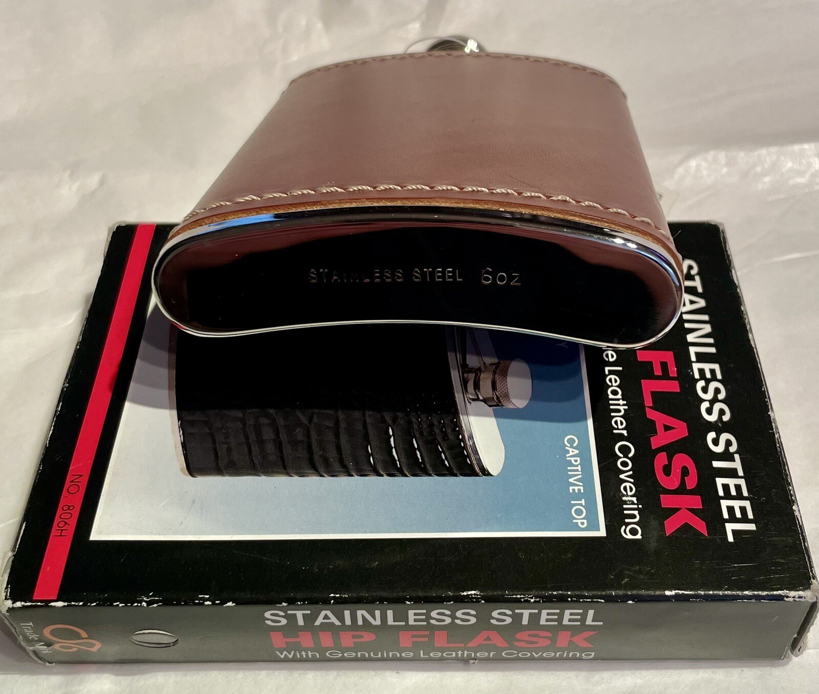 Stainless Steel 6oz Hip Flask With Genuine Brown Stitched Leather Covering New gallery