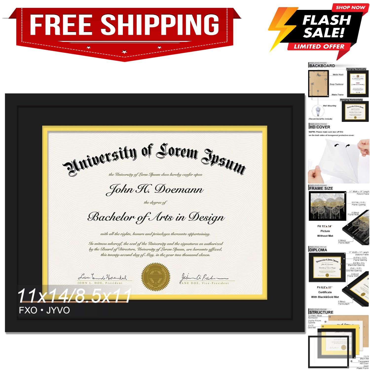 Black 11x14 Diploma Frame, Display Document 8.5 x 11 with Mat or 11 x 14 With... gallery