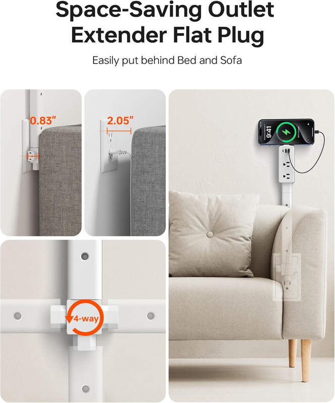 Electrical Outlet Extender with Adjustable Sticks 8"-56", 4-Way Flat Plug for Di gallery
