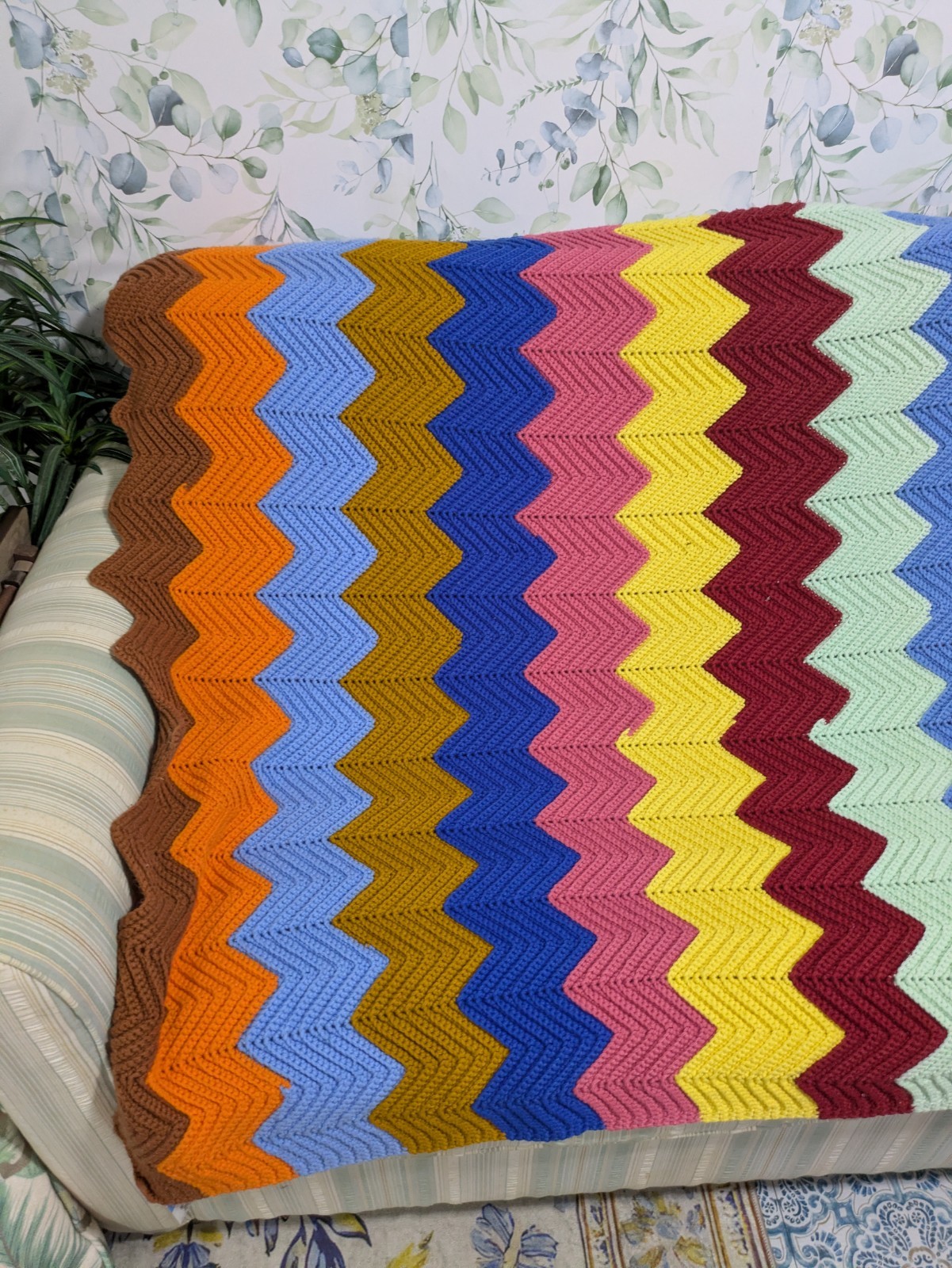 Vintage 44 X 72 Handmade Crocheted Rainbow Chevron Stripe Afghan gallery