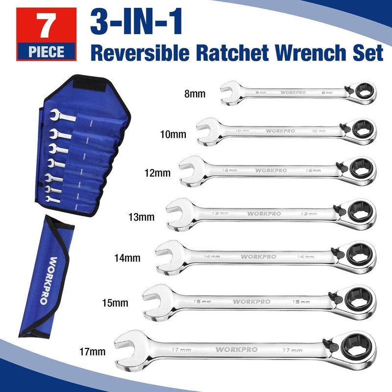 WORKPRO 7PCS 3-in-1 Reversible Ratchet Wrench Set Metric 8-17mm 6-12 PT Open-End gallery