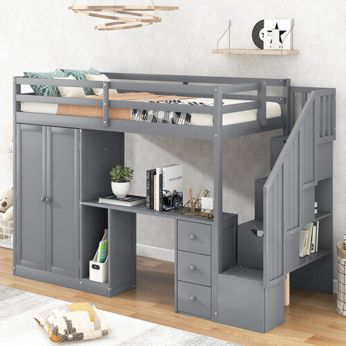 Twin Size Loft Bed with Wardrobe Staircase & Computer Desk Bedroom Sets Kids Bed gallery
