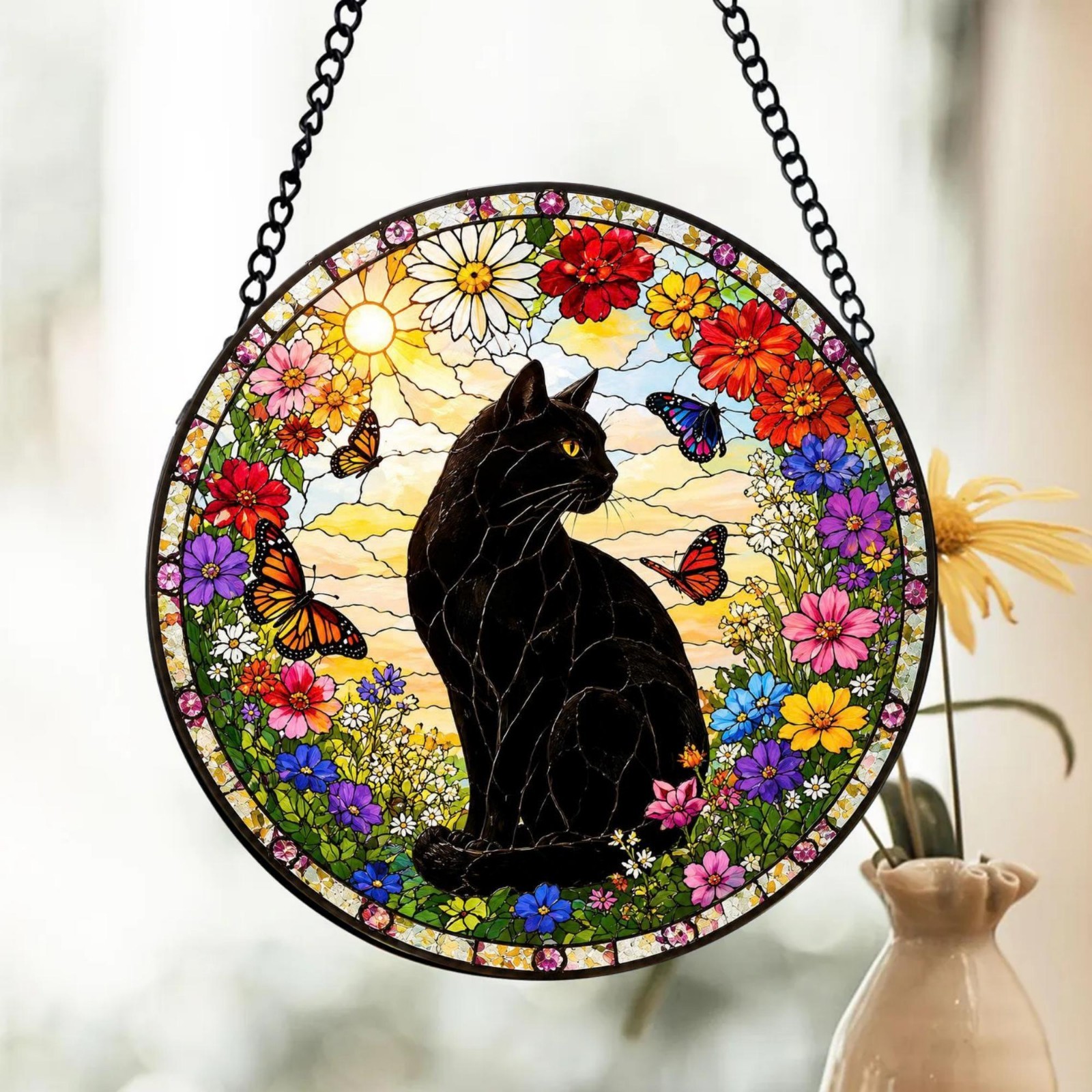 Black Cat Stained Glass Suncatcher, Cat Lover Window Hanging, Floral Garden Cat gallery