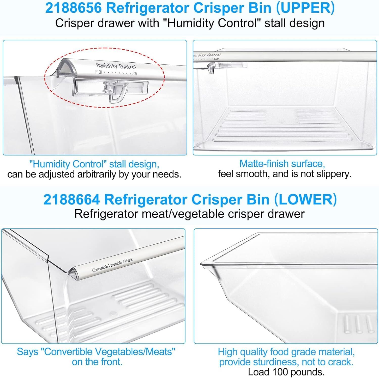 2 Pack 2188656 Fridge Crisper Drawer Humidity Control Bin 2188664 Fit Whirlpool gallery