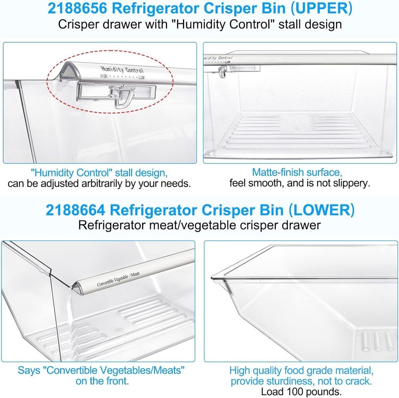 2 Pack 2188656 Fridge Crisper Drawer Humidity Control Bin 2188664 Fit Whirlpool gallery