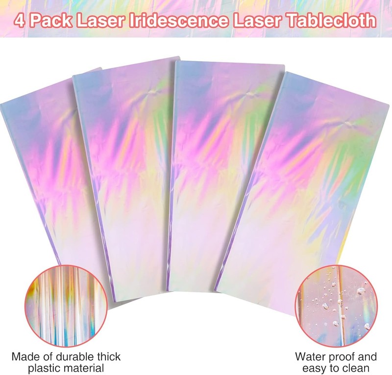 4 Pack Iridescent Plastic Tablecloths, Shiny Disposable Laser Rectangle Table... gallery
