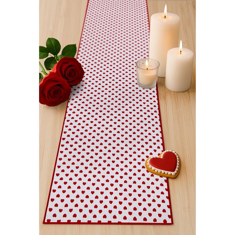 Reversible Hearts Table Runner - 14" x 72" - 100% Cotton, Red & Ivory gallery