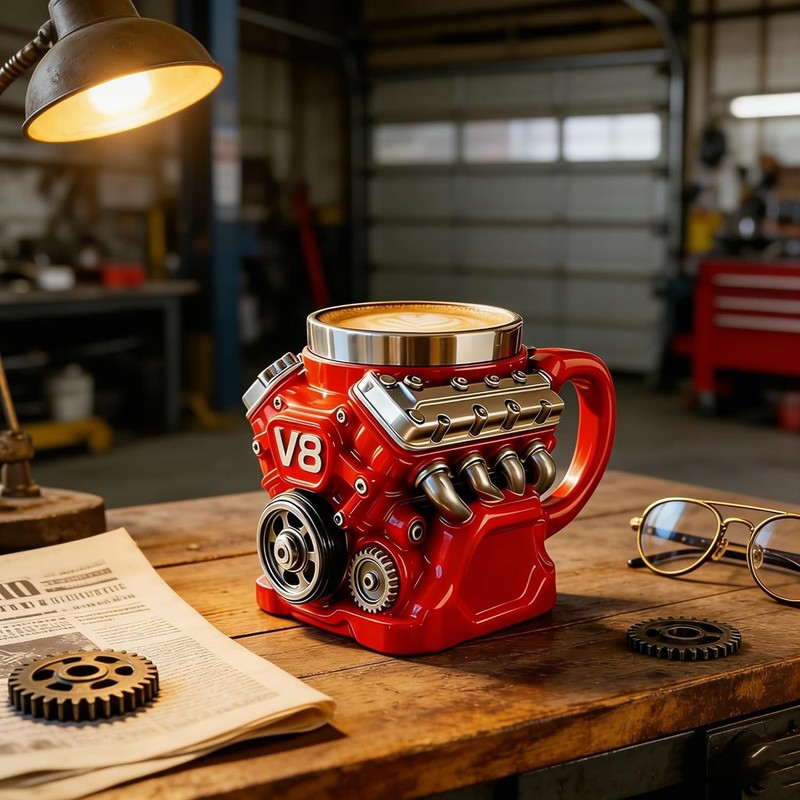 Retro V8 Engine Coffee Mug Ceramic Cup Stainless Steel Interior Gift Automotive gallery