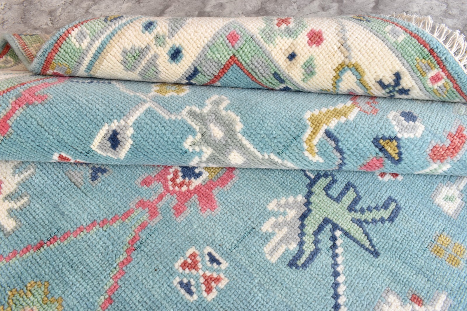 Hand Knotted Oushak Rug Blue Wool Vintage Floral Area Carpet Sky blue gallery