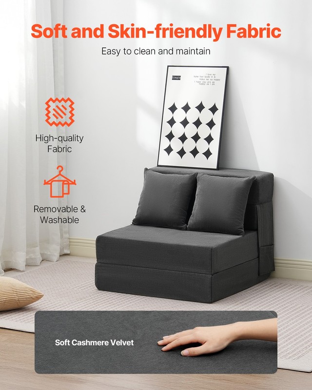 VEVOR Folding Sofa Bed 3-in-1 Foldable Couch Bed with 2 Pillows Dark Grey Single gallery