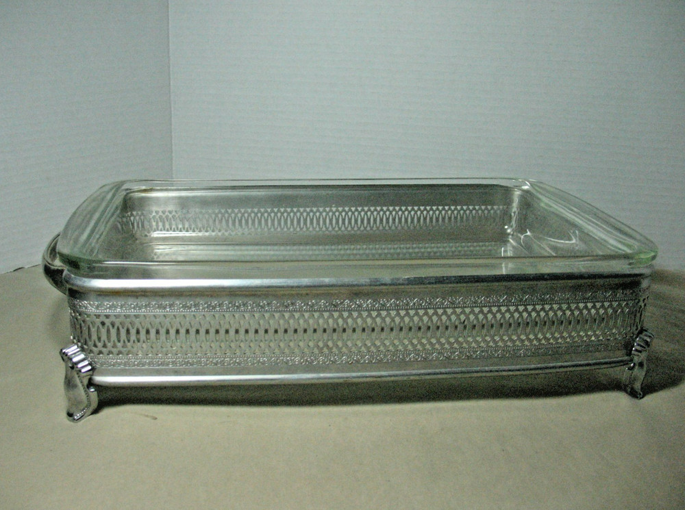 VTG Silver Plated Retangle Chafing Serving Footed Dis W/Pyrex Clear Glass Dish