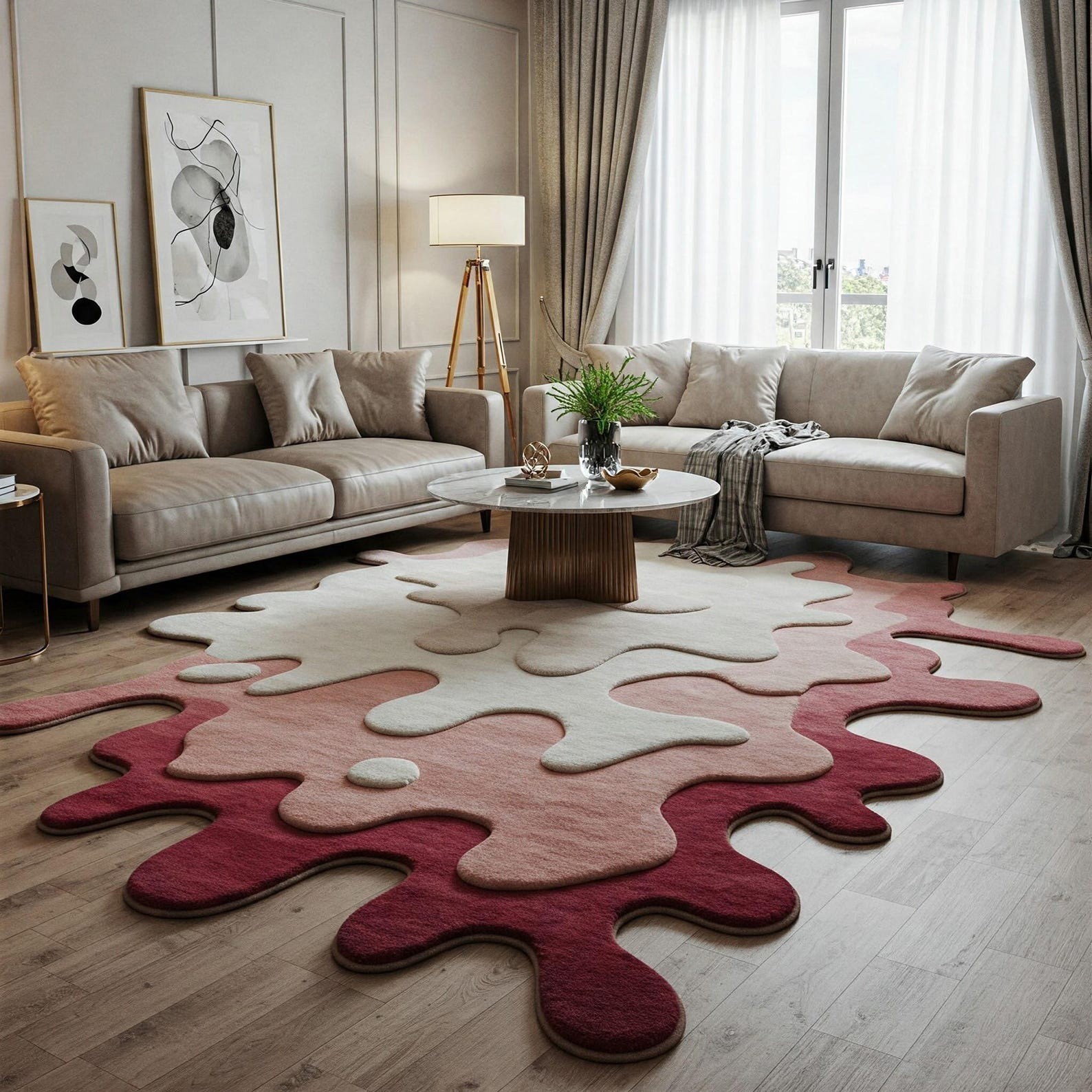 Irregular Shape Abstract Modern Area Carpet Pink Beige Hand Tufted Wool Rug gallery