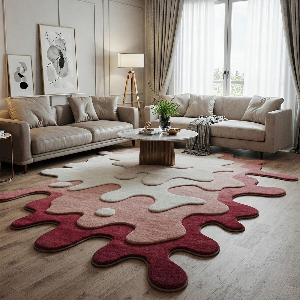 Irregular Shape Abstract Modern Area Carpet Pink Beige Hand Tufted Wool Rug