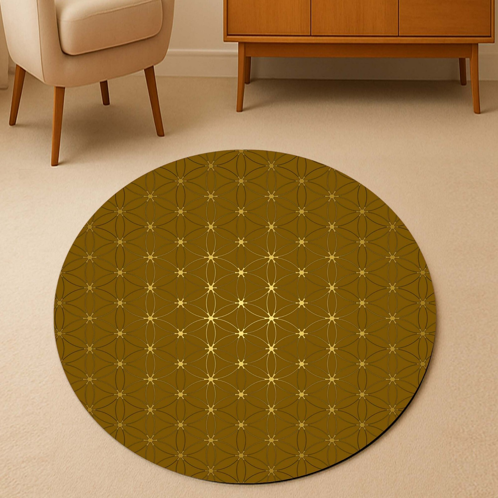 Geometric Gold Rug, Elegant Round Mat, Luxury Floor Decor, Modern Art Carpet gallery