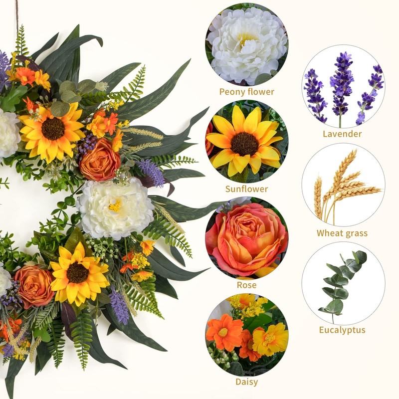 Kmise Spring Wreath Fall Decor Wreath for Front Door-23 Inch Summer Peony gallery