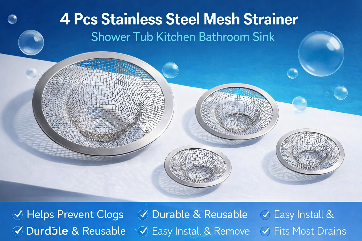 4 Pcs Stainless Steel Mesh Drain Strainer Shower Tub Kitchen Bathroom Sink gallery