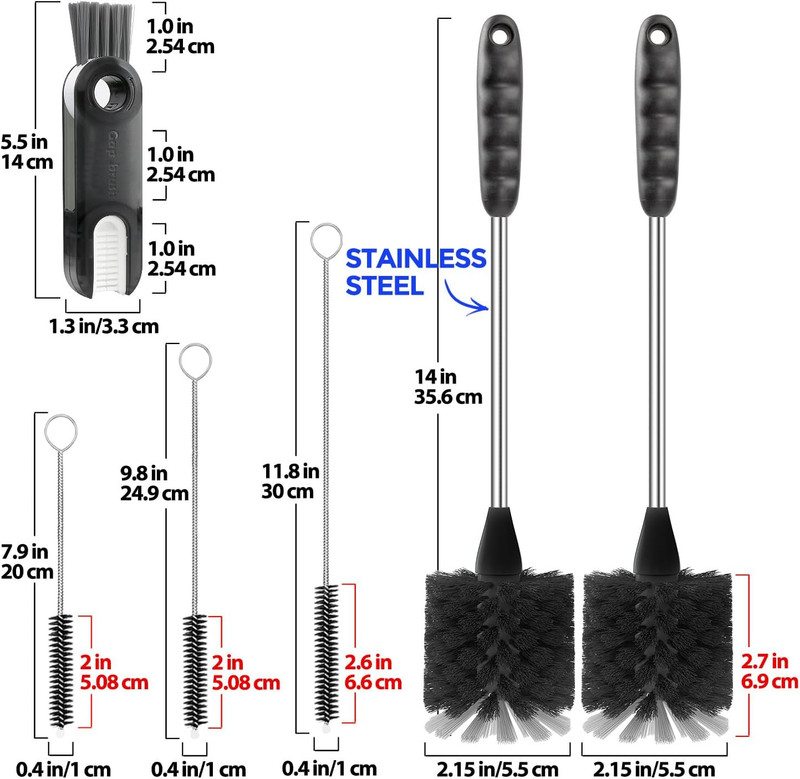 6 Pack Bottle Brush Set, 14" Long Handle Stainless Steel Bottle Cleaner Brush, 3 gallery