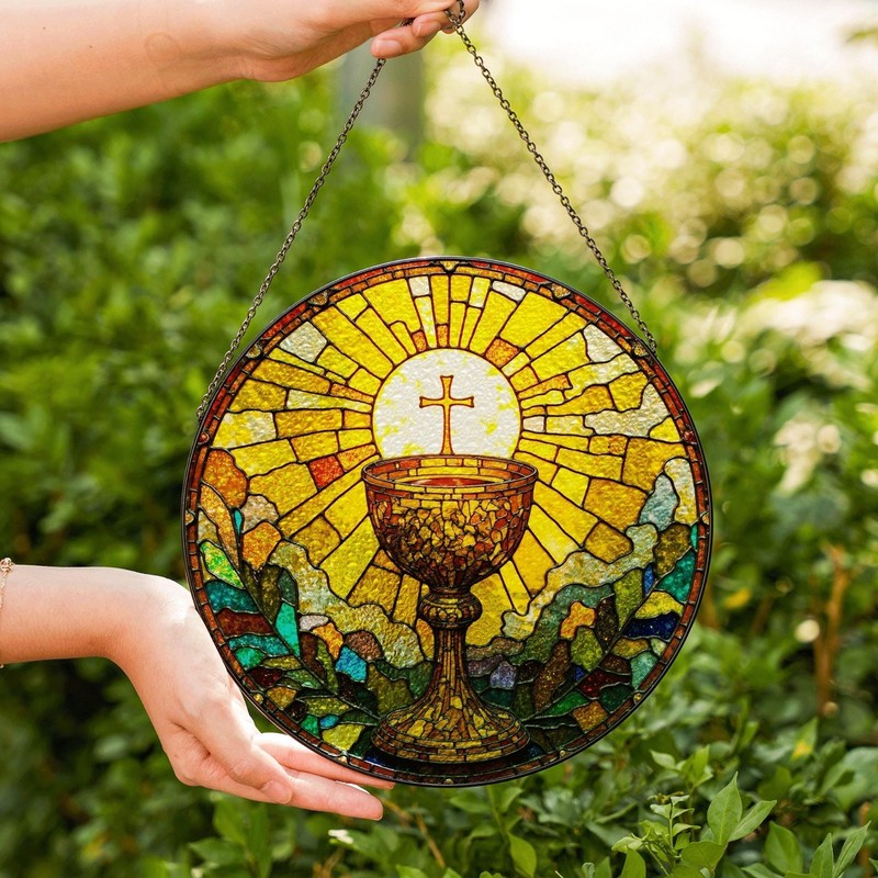 Holy Eucharist Chalice Sun Rays Suncatcher Stained Glass Window Decor Catholic gallery
