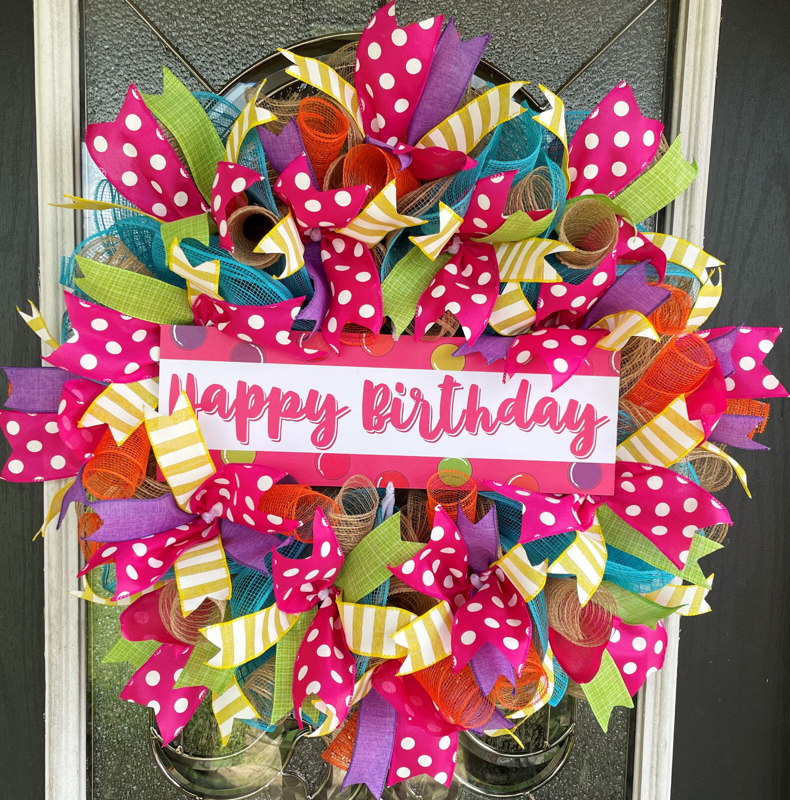 Happy Birthday Pink Polka Dot Deco Mesh Wreath Home Decor Pool Party Decoration gallery