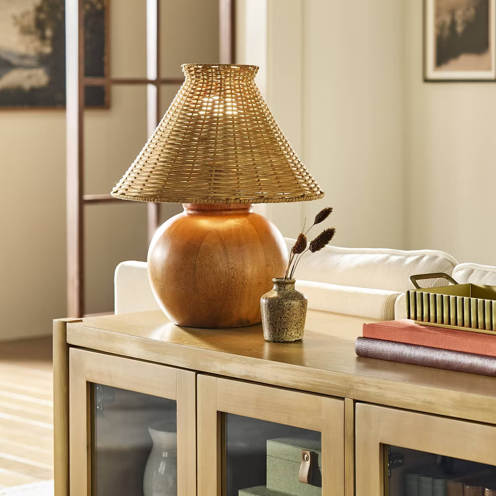 Wood Base with Rattan Shade Accent Table Lamp - Hearth & Hand gallery