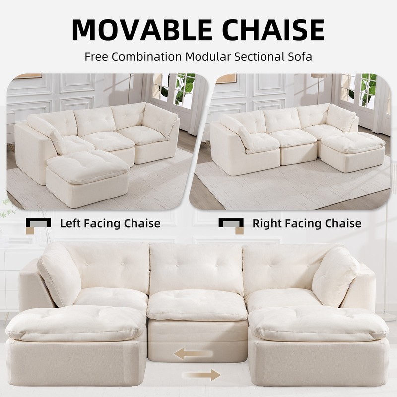Modern Cloud L-Shaped Sectional Sofa with Ottoman, Chenille Fabric, Beige gallery