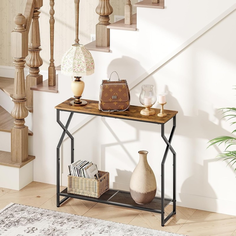 Stylish 2-Tier Console Table - Rustic Brown & Black for Elegant Home Entryways gallery