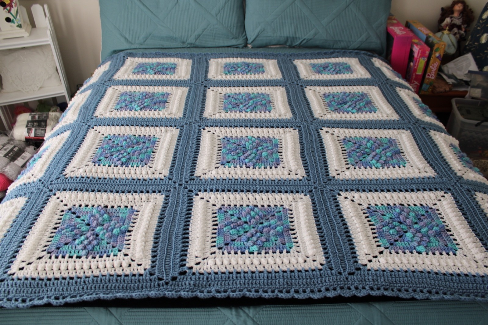 Granny Square Afghan Blanket Hand Crocheted Country Blue White Variegated Center gallery