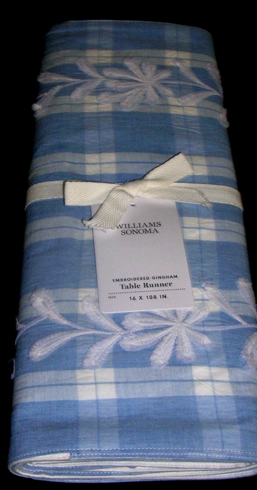 WILLIAMS SONOMA EMBROIDERED GINGHAM TABLE RUNNER 16X108 IN 100% COTTON BLUE NWTG