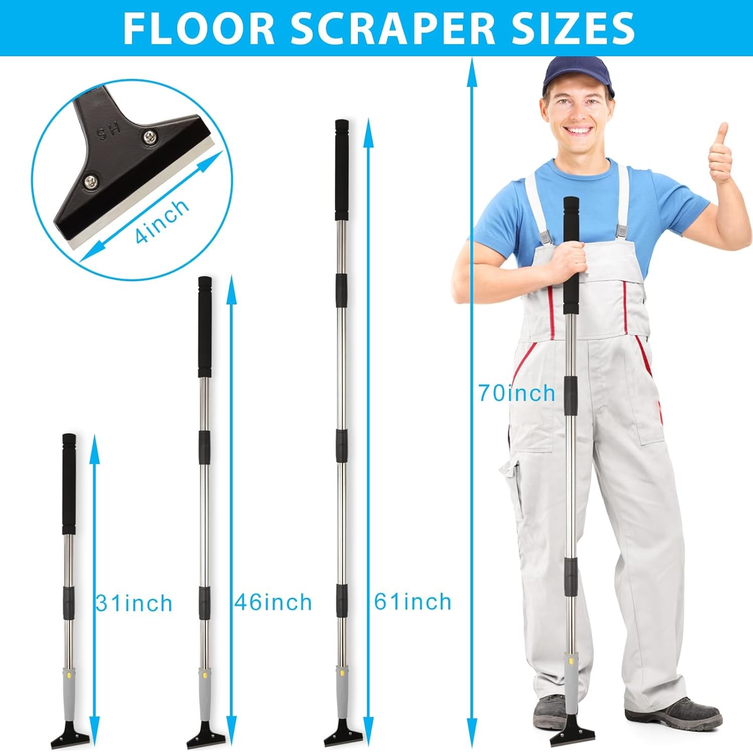 Long Handle Floor Scraper Tool 4 Inch Razor Blade Adjustable for Tile Glue Paint gallery