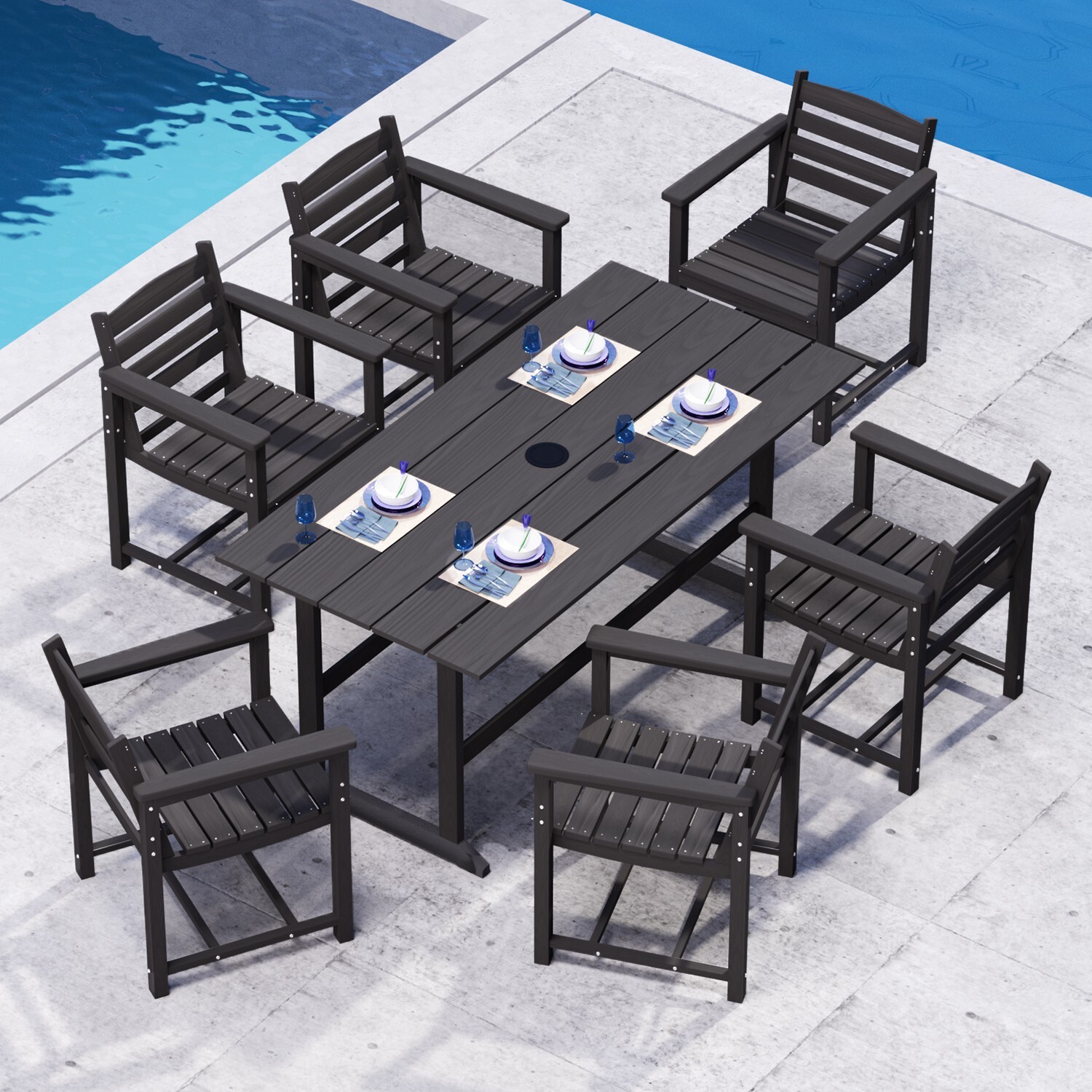 7 Pieces Outdoor Patio Dining Table Set HDPE Furniture Table with Umbrella Hole gallery