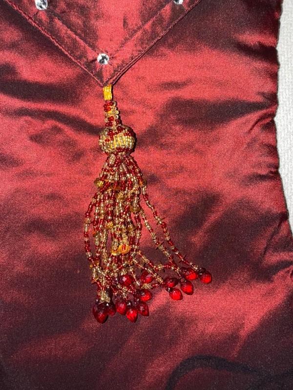 Christmas Stocking Maroon Black Undertones Beaded Tassel Letter R on Toe gallery
