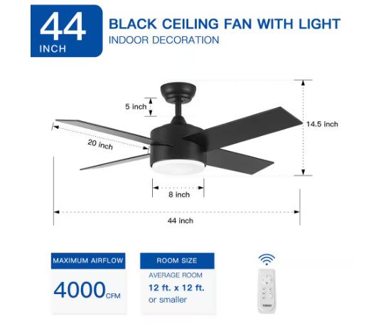 YUHAO 44 in. Integrated LED Indoor Matte Black Ceiling Fan w/ 4 Plywood Blades gallery