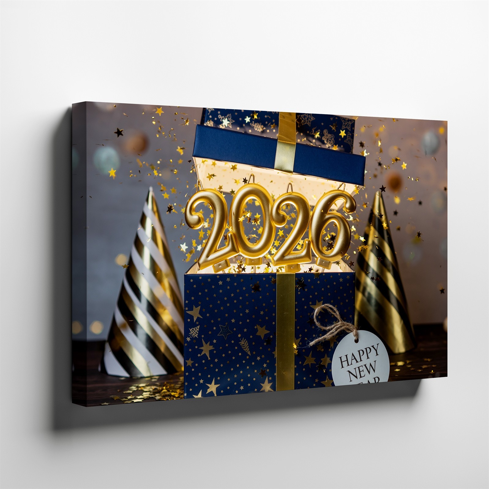 Beautifully Wrapped Gift Box In Deep Navy Blue Adorned With Golden Wall Art gallery