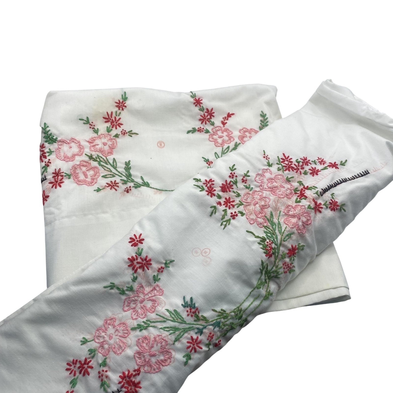 Vintage Cotton Standard Pillowcases Set Of 2 White Floral Embroidered 20x28 gallery