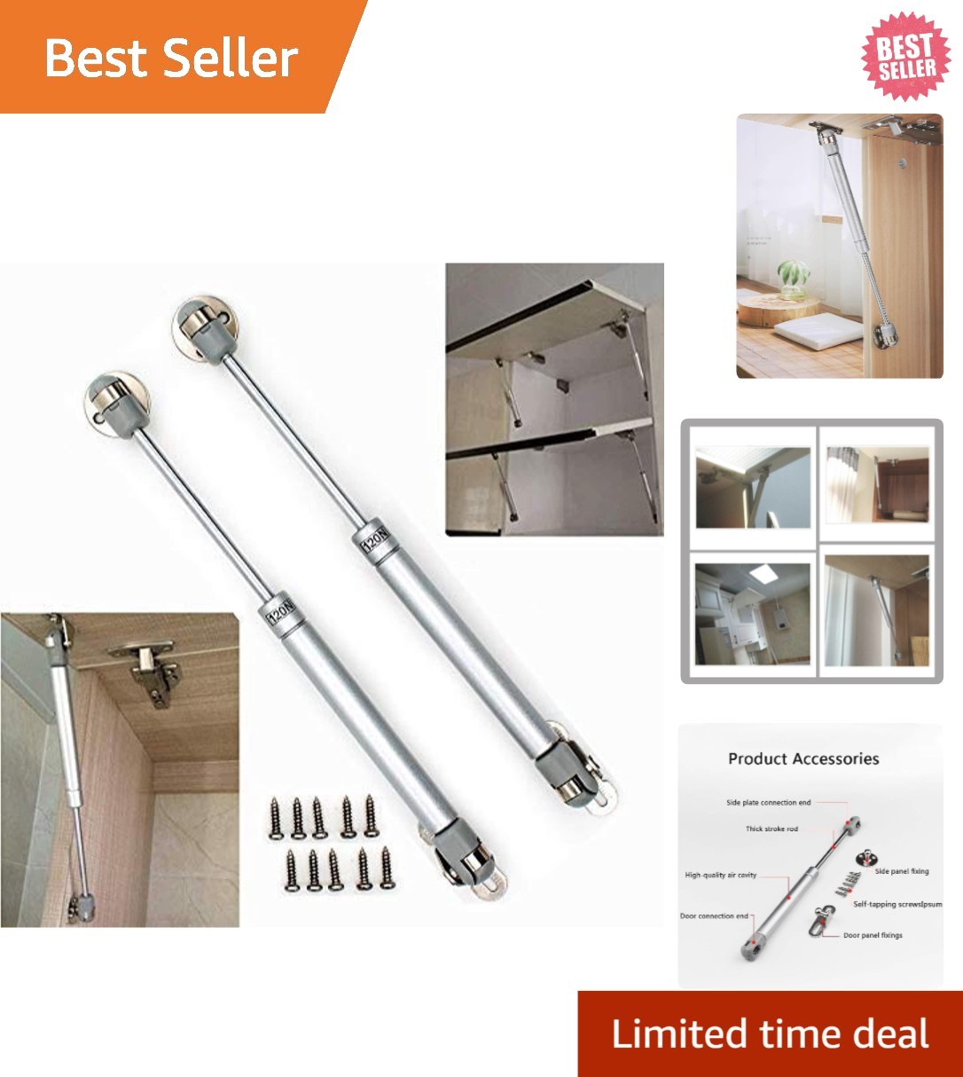 120N Gas Strut Pack, Perfect for Kitchen Cabinets & Heavy Doors, 2 Count gallery