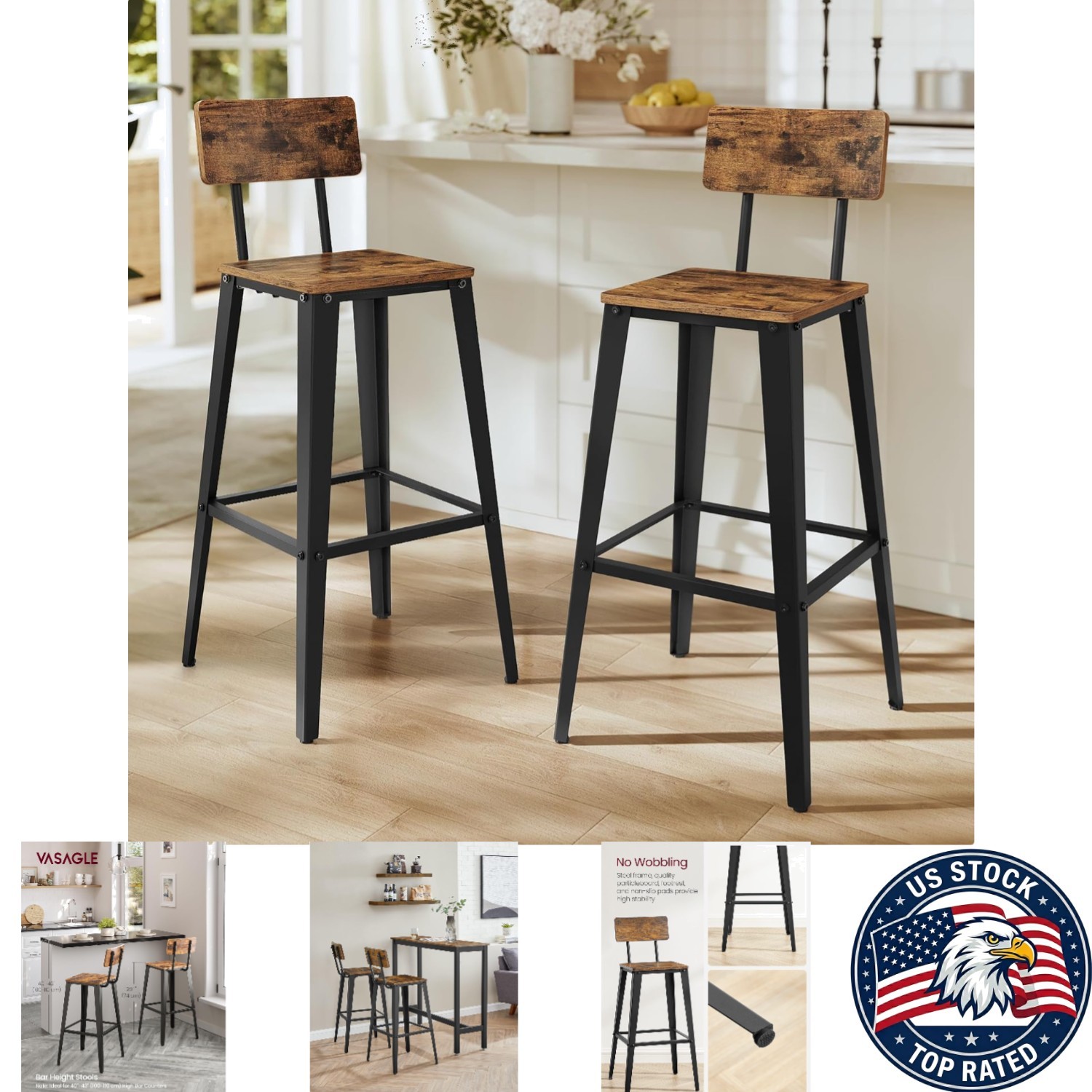 Set of 2 Comfortable Bar Height Stools – 29.1” Tall with Backrest & Steel Frame gallery