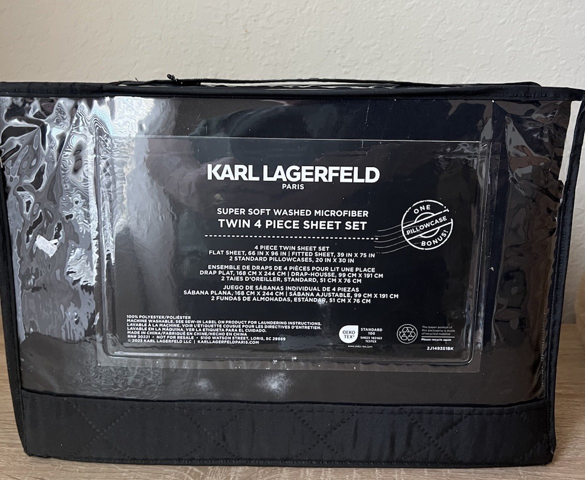 New Karl Lagerfeld 3 Piece Sheet Set Twin Inky Jet Black Microfiber gallery