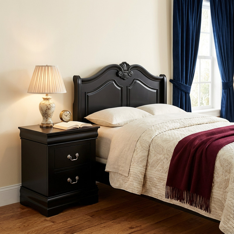 Traditional Solid Wood Nightstand with 2 Drawers in Black / Dark Cherry / White gallery